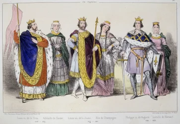 Kapeterne. Fra venstre til høyre: Ludvig VI sier Gros (1081 - 1137), Adelaide eller Alix av Savoy (? -1154), Ludvig VII sier den yngre (1120 - 1180), Alix av Champagne (1140-1206), Filip II sier Augustus (1165-1223) og Isabella av Hainaut (1170-1190).