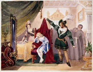 Greven gjorde fremskritt til Suzanne mens Cherubin var skjult på stolen, fra Figaros bryllup av Mozart (gravering)