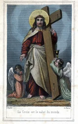 The Cross is the salvation of the world. Popular imagery about Christ carrying the cross. Two angels stand by his side. Around 1850.