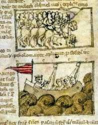 Korsfarerne reiser til Det hellige land. Fra "Pilegrimsreisen til det hellige land". 1100-talls manuskript. Biblioteca Marciana, Venezia.