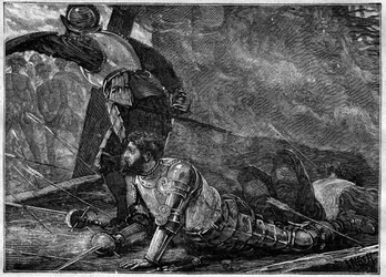 The Death of Juan of La Cosa - Death of Juan de la Cosa (1460-1510) kartograf, conquistador og spansk oppdagelsesreisende i Cartagena, Colombia - gravering av 1887