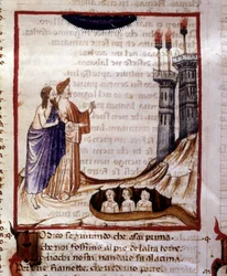 Den guddommelige komedie av Dante Alighieri. Helvete. Miniatyr som viser byen Dity. 1300-talls manuskript. Kommunal Bibl. av Rimini.