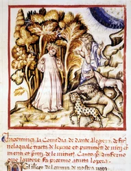 Den guddommelige komedie av Dante Alighieri. Miniatyr som viser Dante, Virgil og de tre beistene. 1300-talls manuskript. Kommunal Bibl. av Rimini.