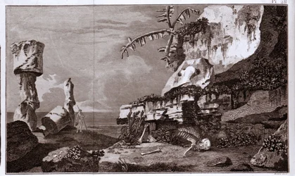 Påskeøya (Rapa Nui) i Polynesia etter "Viaggi del Capitano Cook", gravering fra 1800-tallet.