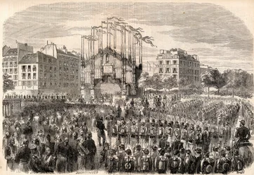 The Fetes at Paris, Entry of the Army of Italy into Paris, Triumphal Arch at the Place de la Bastille, representing the Front of Milan Cathedral - Return of the troops after the Risorgimento, Paris