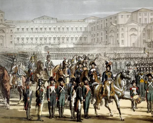 Den franske generalen og kongen av Napoli Gioacchino (Joachim) Murat (1767-1815) anmelder den cisalpine militsen foran Villa Reale de Monza 07.08.1801. Gravering Museo del Risorgimento, Milano