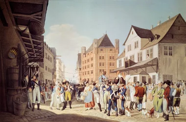 De franske troppene fra det 24. infanteriregiment forlater Frankfurt med General Augereau-gravering av 1808 Frankfurt, historisk museum