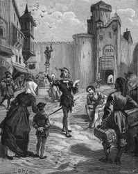 The German knight, poet and humanist Ulrich von Hutten (1488-1523) declaming one of his poems in the street. Engraving of the 19th century. In “Histoire de France” by Jules Michelet