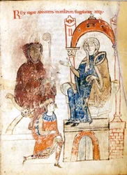 Den germanske keiseren Henri IV (1050 - 1106) i angrende kjole ber om tilgivelse fra pave Gregor VII (Hildebrand: 1015/20 - 1085) som ble tatt tilflukt i slottet til grevinne Mathilda av Toscana (1046 - 1115) i Canossa. 25. - 28. januar