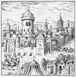 Hugenottene i Amboise hvor var kong Francois II (Conjuration of Amboise) - i "" samling av 39 figurer som representerer ulykkene i Frankrike fra 1562 til 1586""; Louis Perrin imprimerie