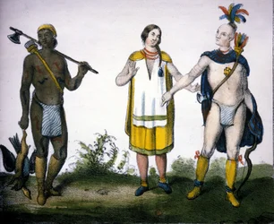 Indianerne i Canada: en jeger (Acadian), en kvinne og en kriger. litografi av "Universal Gallery of all peoples of the world", Milano