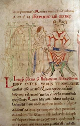 Kongens rettferdighet Mellom 1098 og 1109 En kongekranser sitter på en trone og holder et sverd, ved siden av en hengende scene. Side hentet fra et manuskript "" Kommentarer til Saint Hieronymus""