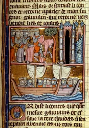Knights dro til korstoget. Miniatyr hentet fra "" La quete du Holy Grail et la mort du roi Arthur"" av Robert De Borron (ou Boron) (1147-1170) Rundt 1280 Paris, B.N.