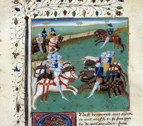 Knights of the Round Table som deltar i en ridderlig turnering. Miniatyr fra manuskriptet "The novel of Tristan" av Master Charles of Maine