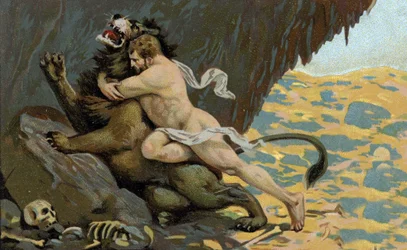 Herkules#39; arbeid: Herkules og Nemees løve, begynnelsen av 1900-tallet (kromo)
