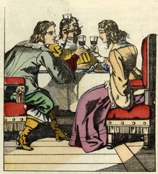 Markisen av Carabas inviterer prinsessen og kongen til å spise i slottet. Illustrasjon av historien "The cat botte" av Charles Perrault