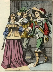 The Marquis of Carabas, the princess and the king in the castle. Illustration of the tale “The cat botte” by Charles Perrault