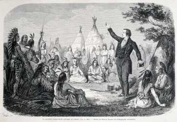 Mormonprofeten Joseph Smith forkynner indianerne (Nord-Amerika). 1800-tallsillustrasjon.