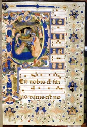 Kristi fødsel fremstilt i en korbok fra 1300-tallet. Milano, Biblioteca Nazionale Braidense.