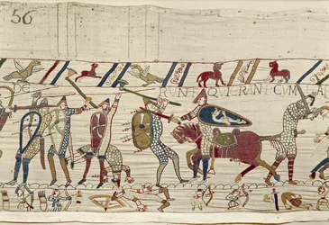 Normannerne kjemper og dreper de som var sammen med kong Harold, Bayeux-teppet (ullbroderi på lin)