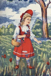 Rødhette har blomster. Illustrasjon for "" Den lille rødhette", fortelling av Charles Perrault (1628-1703), fransk forfatter. Anonym illustrasjon. Bilder Marcel Vagne, Jarville Nancy, udatert (slutten av 1800-tallet).
