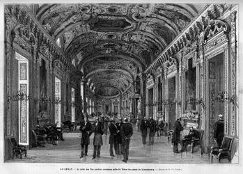 Senatets lobby, tidligere Throne Hall, Palais du Luxembourg. Gravering i “” Le Monde illustrious”” 1883. Privat samling.