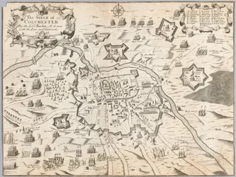 The Siege of Colchester av Lord Fairfax, slik det var med linjen og utbyggene 1648 (gravering)