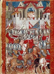 Beleiringen av Pamplona i Spania av Charlemagne, og vant mot Sarrazins Miniature fra «Entre d