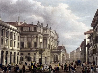 Teatro alla Scala i Milano på begynnelsen av 1800-tallet. Gravering av perioden. Museo della Scala de Milan