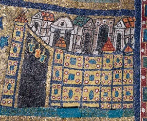 The Vision of Celestial Jerusalem: detalj av Jerusalem representert i befestet sitat. Mosaikk rundt 830. Triumfbuen til basilikaen Santa Prassede, Roma