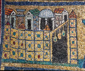 The Vision of Celestial Jerusalem: detalj av Jerusalem representert i befestet sitat. Mosaikk rundt 830. Triumfbuen til basilikaen Santa Prassede, Roma