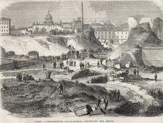 The amphiteatrist Gallo Romain discovered at Rue Monge in Paris in 1870, today the Arenes de Lutèce. Engraving of the 19th century.