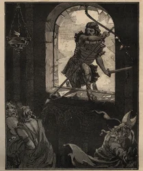 Glasskunsten: malte glassmalerier. Theodorics soldater knuser et glassmaleri for å gå inn i kirken Brioude (Haute Loire) i 521. Gravering fra 1885 i "" Les arts et metiers illustres"" av Adolphe BITARD.