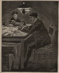 The art of lapidary: gravering av camee shell (camee-shell). Gravering fra 1885 i "" Les arts et metiers illustres"" av Adolphe BITARD.