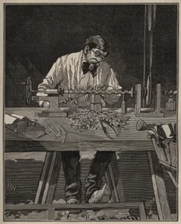 Kunsten å dreiebenk: fasonering av en torso-søyle. Gravering fra 1885 i "" Les arts et metiers illustres"" av Adolphe BITARD.