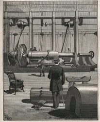 Kunsten å reise: skyte en stålmonsterkanon. Gravering fra 1885 i "" Les arts et metiers illustres"" av Adolphe BITARD.