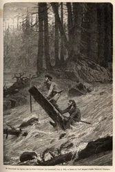 Forfatteren og hans reisende, Mcdonald, går ned strykene på Nittinaht-elven (Vancouver Island) på en provisorisk flåte. Gravering for å illustrere reisen og eventyrene i engelsk Colombia, Vancouver Island og Alaska, av Frederick Whymper