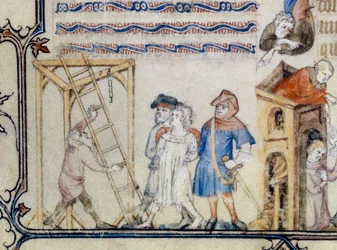 "Balladen om de hengte". Miniatyr som illustrerer diktet til Francois de Moncorbier dit Villon (1431/1432-1463). 1400-tallet (miniatyr)