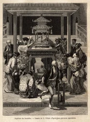 Dåpen til Buddha, en årlig fest som finner sted den 8. dagen i den 4. måneden, vanner tilhengerne bronsestatuen av Buddha som er eksponert for anledningen foran templene. Gravering for å illustrere reisen til Japan, av Aime Humbert, min