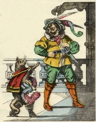 Støvlekatten møter trollet. Illustrasjon av historien "The cat botte" av Charles Perrault