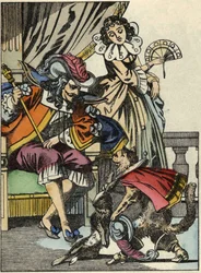 Støvlekatten tilbyr kaninen til kongen fra sin herre, Marquis de Carabas. Illustrasjon av historien "The cat botte" av Charles Perrault