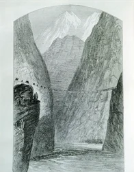 Broen over Apurimac-elven, gravering. Peru