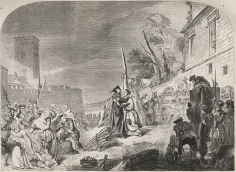 Brenningen av biskopene Nicholas Ridley og Hugh Latimer på bålet nær portene til Balliol College, Oxford, England