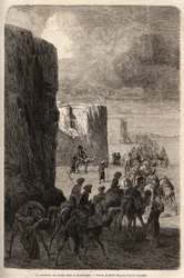 Karavanen til Hajis (muslimske peleriner) i Korantaghi (Persia, Iran). Tegning av Emile Bayard (1837-1891), for å illustrere reisen til Sentral-Asia, i 1863, av Arminius Vambery (ungarsk vitenskapsmann forkledning i dervisj). Gravering i "" Le tour du mond