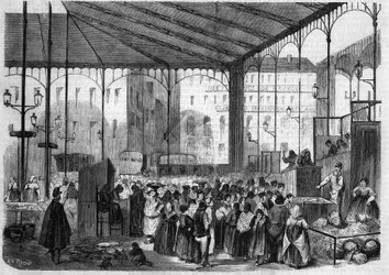 Det sentrale markedet i Paris: fiskemarkedet i 1858.