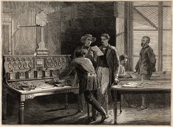 Den sentrale telegrafstasjonen ved Creusot-fabrikken. Gravering for å illustrere en reise til Creusot og gruvene i Saone og Loire, i 1865, av L. Simonin, i "" Le tour du monde, nouveau journal des voyages"" utgitt under ledelse av Edouard C