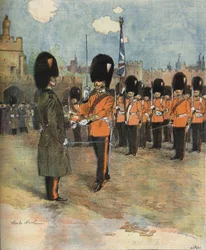 Vaktskiftet ved Buckingham Palace i London i 1893. Illustrasjon av M.C. Morel. Bianchetti samling.