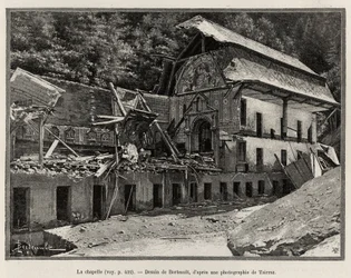 Kapellet ødelagt av overløpet av Arve. Berteault-gravering for å illustrere historien "La catastrophe de Saint Gervais les Bains""