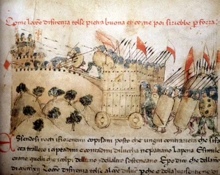 Byen Firenze erobret Pietrabuona, som innbyggerne i Lucca senere tok over - i «Croniche del Sercambi», omkring 1400. Statsarkivet, Lucca.