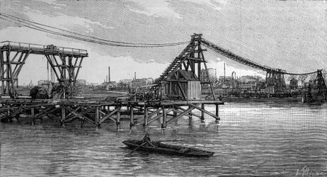 The construction of the Mirabeau bridge in Paris (1893): the locks look like foundations (from a photograph). Engraving in “” La Nature: revue des sciences et de leurs applications aux arts et a l